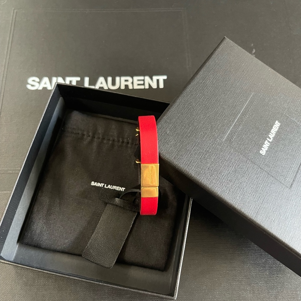 NWT Saint Laurent Gold Tone Red Leather Bracalet - Picture 4 of 14